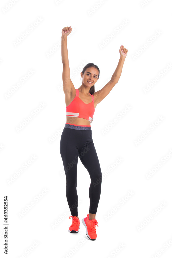 Fitness woman hold raised arms up