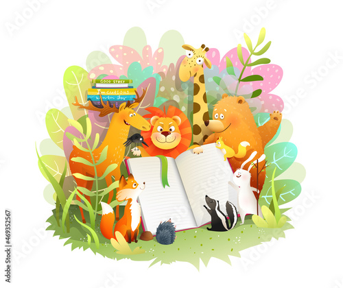 Animals reading a book or study in a colorful forest  fairytale children education cartoon in watercolor style. Animals learning and reading story kids vector illustration.