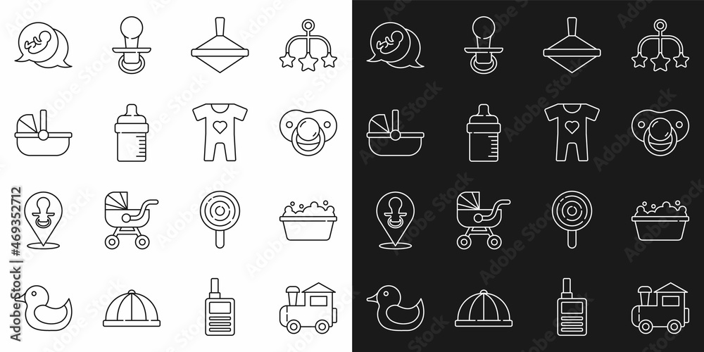 Set line Toy train, Baby bathtub, dummy pacifier, Whirligig toy, bottle, stroller, and clothes icon. Vector Set line Toy train, Baby bathtub, dummy pacifier, Whirligig toy, bottle, stroller, and clothes icon. Vector