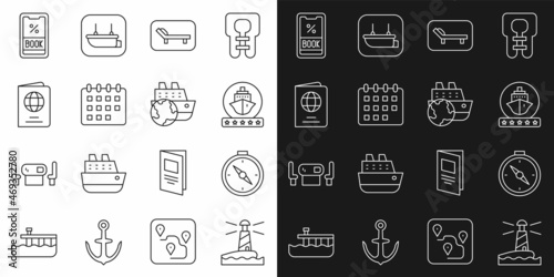 Set line Lighthouse, Compass, Cruise ship, Sunbed and umbrella, Calendar, Passport, ticket and icon. Vector