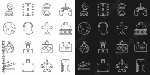 Set line Metal detector in airport, Airport board, Conveyor belt with suitcase, Airplane window, Headphones microphone, Worldwide, Radar and Plane icon. Vector