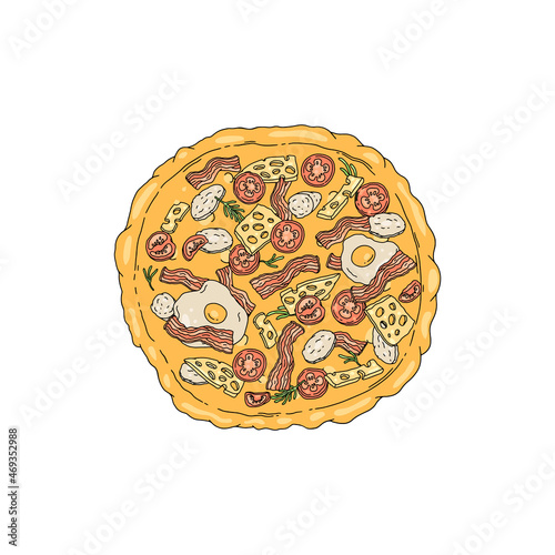 Pizza with bacon, tomato, cheese and egg cartoon realistic vector illustration. Western cuisine fast food, top view.