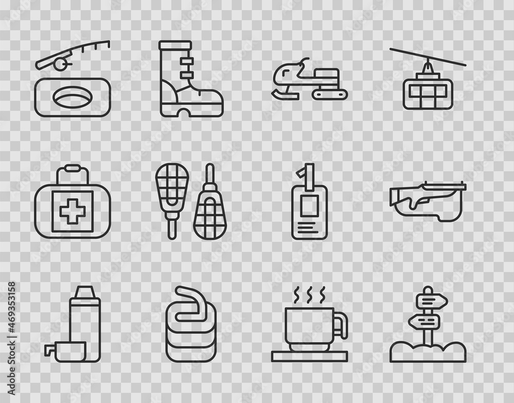 Set line Thermos container, Road traffic signpost, Snowmobile, Stone for curling, Winter fishing, Snowshoes, Hot chocolate cup and Biathlon rifle icon. Vector Set line Thermos container, Road traffic signpost, Snowmobile, Stone for curling, Winter fishing, Snowshoes, Hot chocolate cup and Biathlon rifle icon. Vector