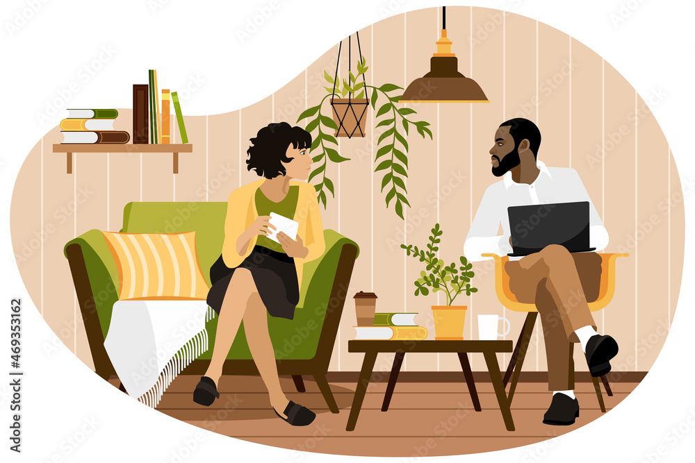 Home leisure activity flat vector illustration. Cartoon happy young multiracial couple characters sit in armchairs in home living room interior, read e-book and surf the net, actively use laptop.