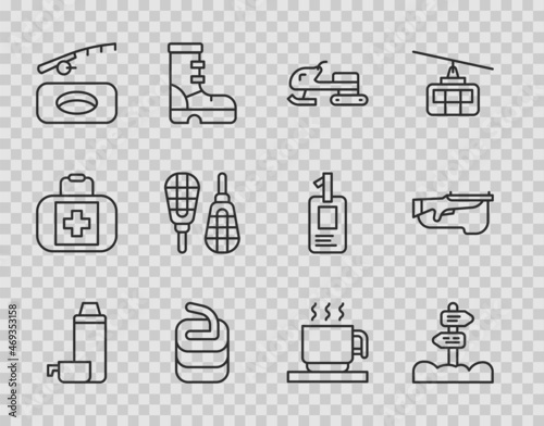 Set line Thermos container, Road traffic signpost, Snowmobile, Stone for curling, Winter fishing, Snowshoes, Hot chocolate cup and Biathlon rifle icon. Vector