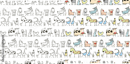 Farm domestic animals seamless pattern wallpaper. Hand drawn outline cow, rooster, goat, pig and goose in the field. Funny simple animals for kids. Vector hand drawn illustration.