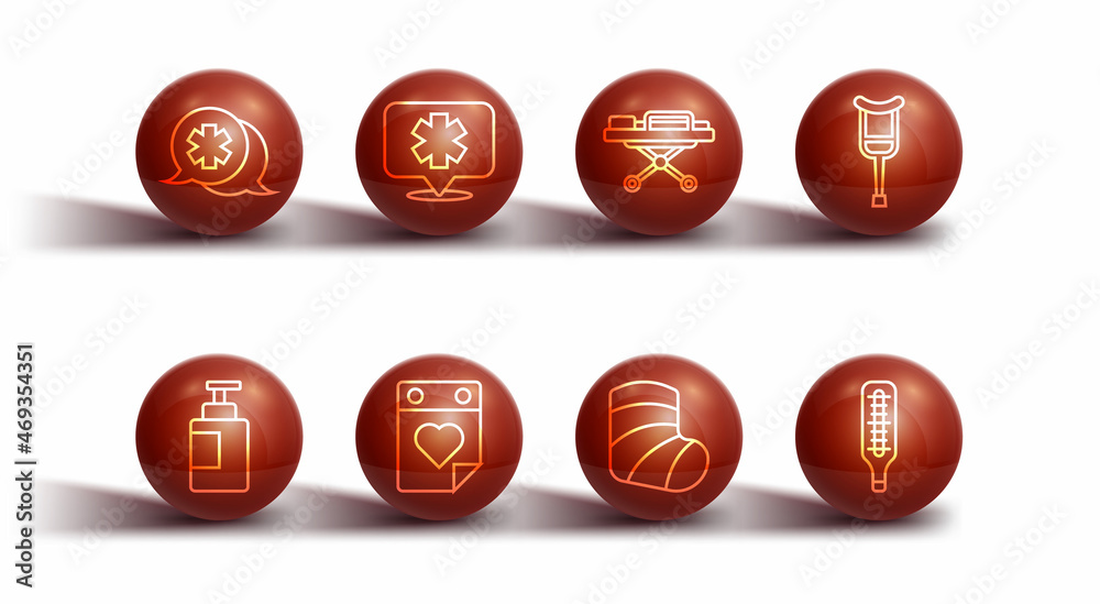Set line Dialogue with the doctor, Hand sanitizer bottle, Crutch crutches, Gypsum, Doctor appointment, Medical symbol of Emergency, thermometer and Stretcher icon. Vector Set line Dialogue with the doctor, Hand sanitizer bottle, Crutch crutches, Gypsum, Doctor appointment, Medical symbol of Emergency, thermometer and Stretcher icon. Vector