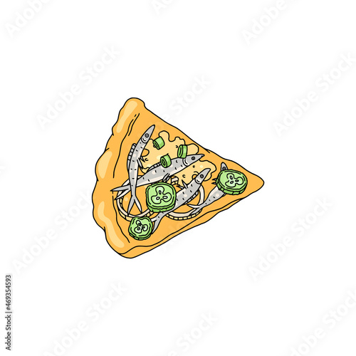 Pizza slice with anchovies fishes, sketch vector illustration isolated.