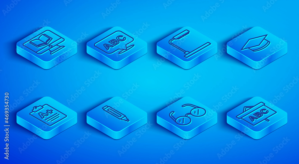 Set line Online class, Alphabet, Table lamp, Marker pen, Glasses, Graduation cap, Exam sheet with plus grade and Chalkboard icon. Vector Set line Online class, Alphabet, Table lamp, Marker pen, Glasses, Graduation cap, Exam sheet with plus grade and Chalkboard icon. Vector
