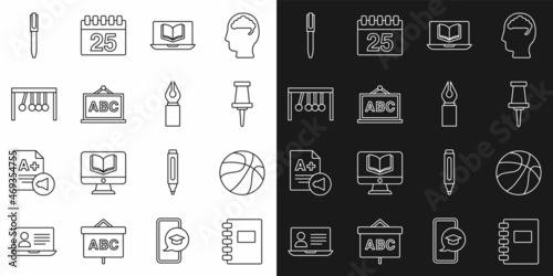 Set line Spiral notebook, Basketball ball, Push pin, Online class, Chalkboard, Pendulum, and Fountain pen nib icon. Vector