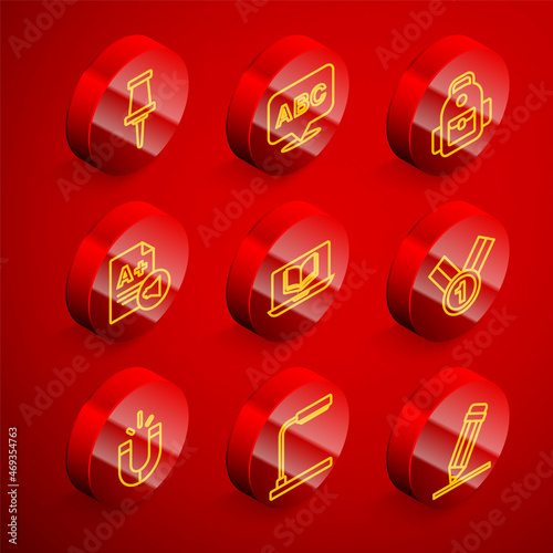 Set line Push pin, Alphabet, School backpack, Exam sheet with plus grade, Online class, Medal, Magnet and Table lamp icon. Vector