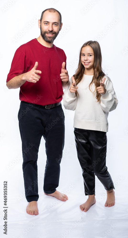 father and daughter shout, man and girl, dance, rejoice, have fun. isolated white background father and daughter shout, man and girl, dance, rejoice, have fun. isolated white background