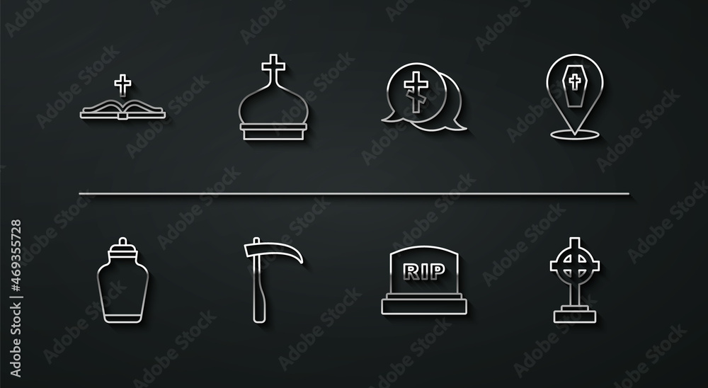 Set line Holy bible book, Funeral urn, Coffin with cross, Tombstone RIP written, Scythe, Church tower, Grave and icon. Vector Set line Holy bible book, Funeral urn, Coffin with cross, Tombstone RIP written, Scythe, Church tower, Grave and icon. Vector