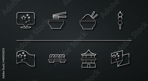 Set line China flag, Meatballs on wooden stick, Chinese house, Sushi cutting board, Asian noodles bowl, and Rice with chopstick icon. Vector