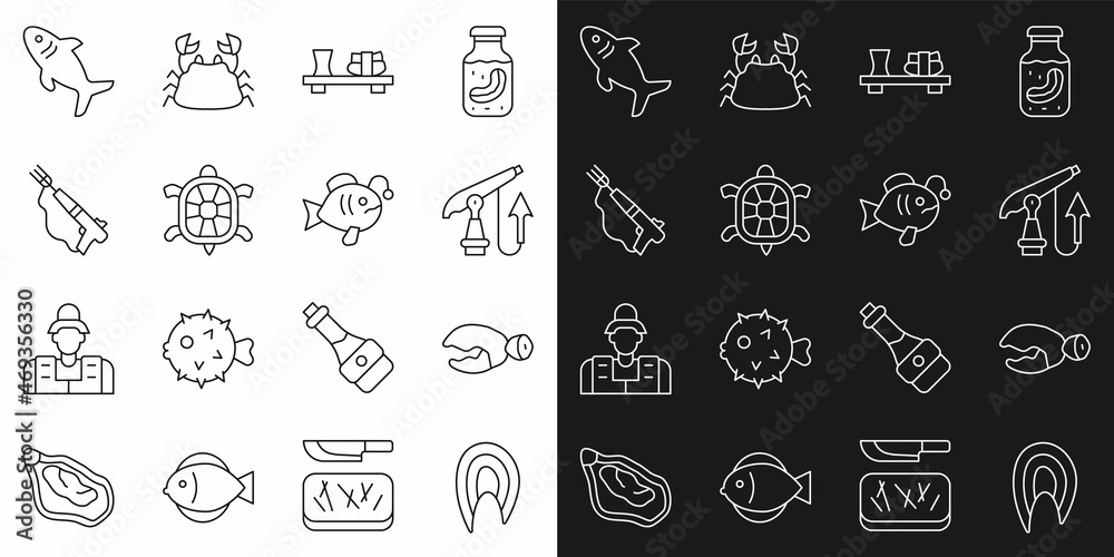 Set line Fish steak, Lobster or crab claw, Fishing harpoon, Sushi cutting board, Turtle, Shark and Tropical fish icon. Vector Set line Fish steak, Lobster or crab claw, Fishing harpoon, Sushi cutting board, Turtle, Shark and Tropical fish icon. Vector