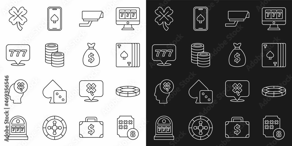 Set line Lottery ball on bingo card, Casino chips, Deck of playing cards, Security camera, Slot machine with jackpot, slot clover and Money bag icon. Vector