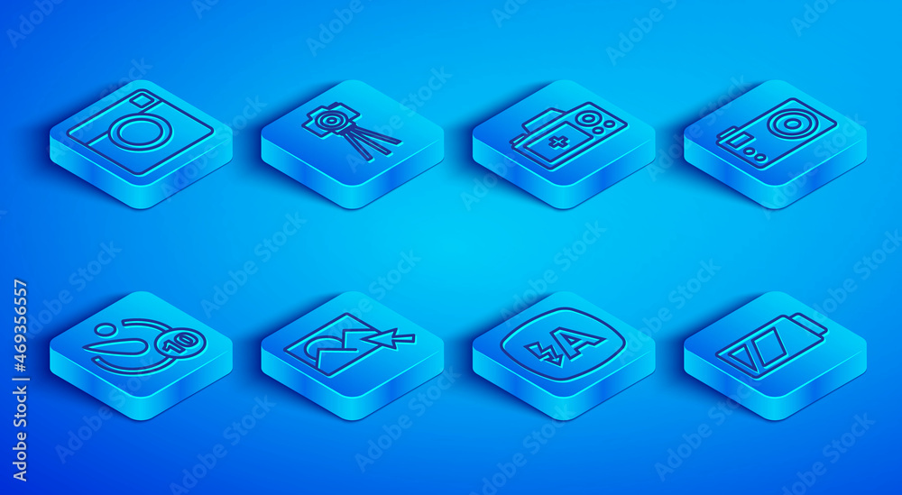 Set line Photo camera, retouching, Auto flash, Camera timer and Battery for icon. Vector