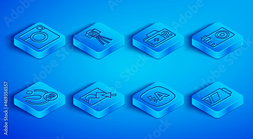 Set line Photo camera, retouching, Auto flash, Camera timer and Battery for icon. Vector