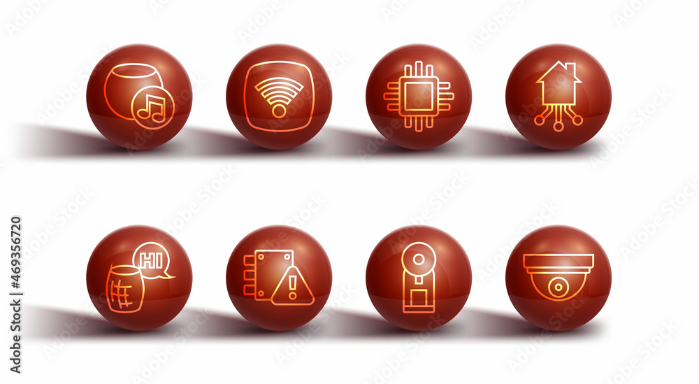 Set line Voice assistant, Smart home, coffee machine, House under protection, Wi-Fi wireless internet network, Motion sensor and Processor with CPU icon. Vector Set line Voice assistant, Smart home, coffee machine, House under protection, Wi-Fi wireless internet network, Motion sensor and Processor with CPU icon. Vector