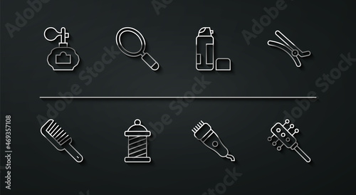 Set line Aftershave, Hairbrush, clip, Electrical hair clipper, Barber shop pole, Hand mirror, and Shaving gel foam icon. Vector