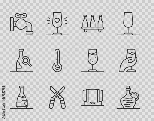 Set line Bottle of wine, Wine italian fiasco bottle, Gardening scissors, Tap for barrel, Meteorology thermometer, Wooden and tasting, degustation icon. Vector