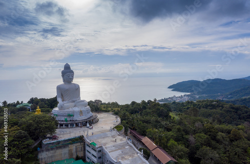 aerial view Phuket big Buddha in blue sky..Phuket Big Buddha is one of the island most important and revered landmarks on the island..image for travel and culture concept.