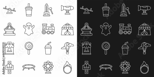 Set line Circus fire hoop, Hot air balloon, tent, Striker attraction with hammer, Ghost, Boat swing, Seesaw and Toy train icon. Vector