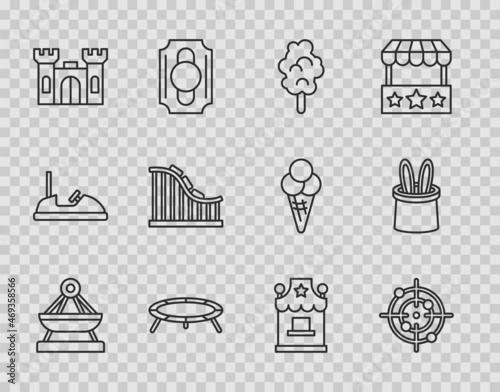 Set line Boat swing, Target sport, Cotton candy, Jumping trampoline, Castle, Roller coaster, Ticket box office and Magician hat rabbit ears icon. Vector