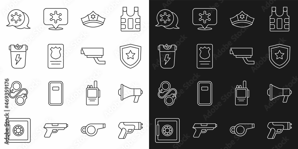 Set line Police electric shocker, Megaphone, badge, cap with cockade, id case, Hexagram sheriff and Security camera icon. Vector