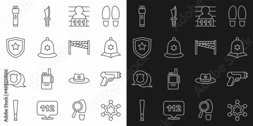 Set line Hexagram sheriff, Police electric shocker, British police helmet, Suspect criminal, badge, and Crime scene icon. Vector