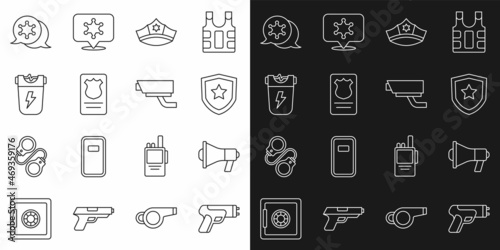 Set line Police electric shocker, Megaphone, badge, cap with cockade, id case, Hexagram sheriff and Security camera icon. Vector