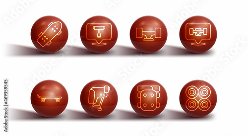 Set line Skateboard, wheel, Knee pads, helmet, T tool, and icon. Vector