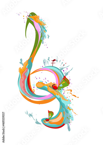 Abstract musical design with a treble clef and colorful splashes, notes and waves.  Colorful treble clef. Hand drawn vector illustration. © Anna Laifalight