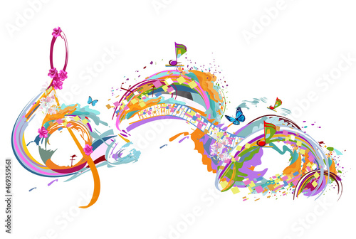 Abstract musical design with a treble clef and colorful splashes, notes and waves.  Colorful treble clef. Hand drawn vector illustration.