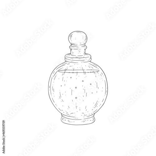 Perfume, mixture of fragrant essential oils or aroma compounds, in a glass bottle outline vector sketch.