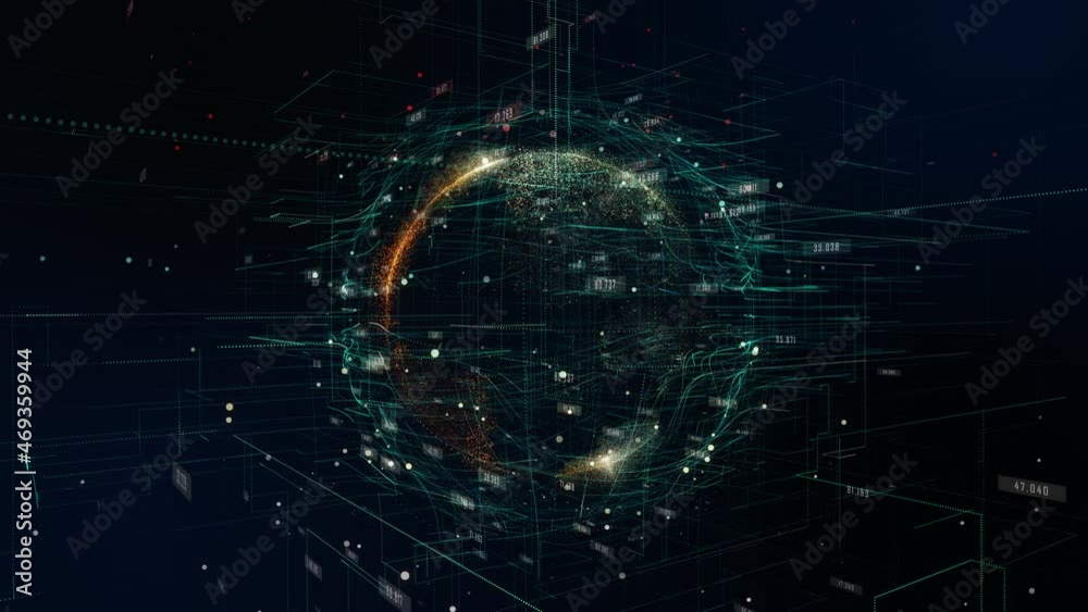 Number,particle and line glow move around digital world particle effect.Motion graphic digital technology futuristic conceptual with 3d rendering.