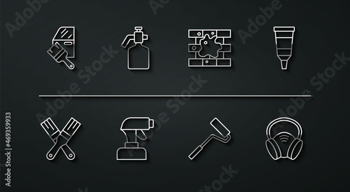 Set line Car painting, Paint brush, Tube with palette, roller, spray gun, Gas mask and Painting the house icon. Vector