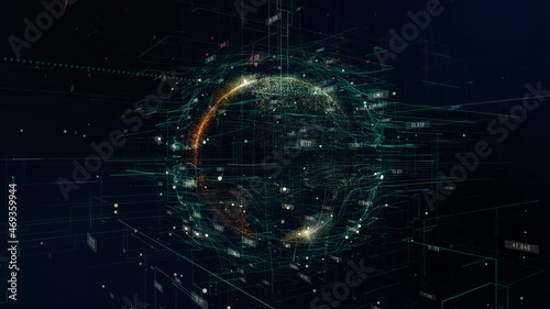 Number,particle and line glow move around digital world particle effect.Motion graphic digital technology futuristic conceptual with 3d rendering.