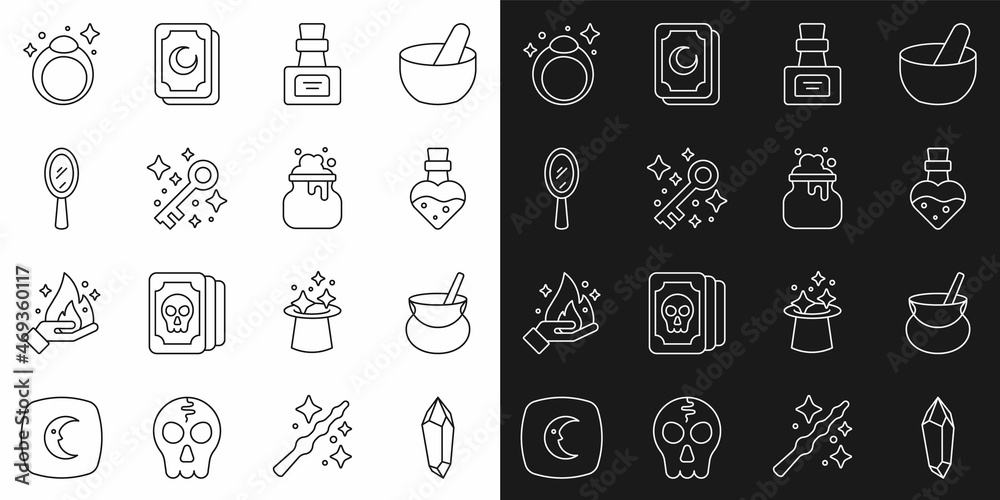 Set line Magic stone, Witch cauldron, Bottle with potion, Old magic key, hand mirror, ring and icon. Vector Set line Magic stone, Witch cauldron, Bottle with potion, Old magic key, hand mirror, ring and icon. Vector