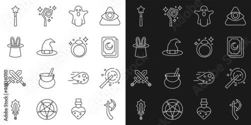 Set line Wooden axe, Magic wand, Tarot cards, Ghost, Witch hat, Magician rabbit ears, and stone ring icon. Vector