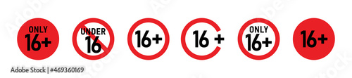 16 plus sign set. Sixteen. For adults only. Age restrictions, censorship, parental control. Icon for content, movies, alcohol, night clubs and bars.