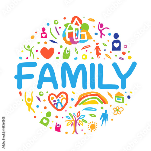 Bright Family Circle Composition with Abstract Parent and Kid with Heart and Home Element Hand Drawn Vector Template
