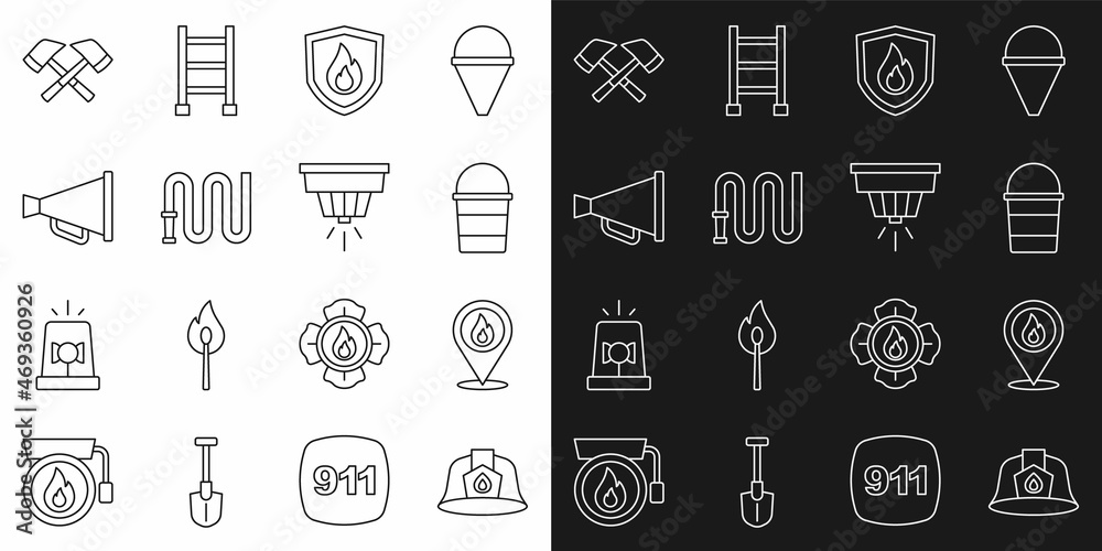 Set line Firefighter helmet, Location with fire flame, bucket, protection shield, hose reel, Megaphone, axe and Smoke alarm system icon. Vector
