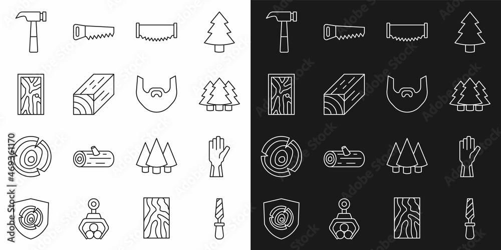 Set line Rasp metal file, Protective gloves, Christmas tree, Two-handed saw, Wooden beam, Closed door, Hammer and Mustache beard icon. Vector
