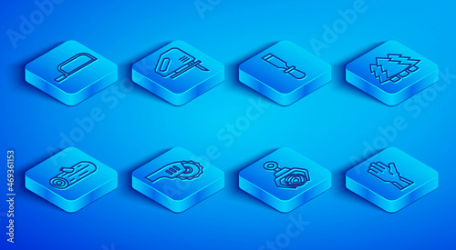 Set line Hacksaw, Electric jigsaw, Chisel tool, circular, Grapple crane grabbed log, Christmas tree, Wooden logs and Protective gloves icon. Vector