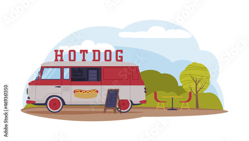 Food Truck in Green Park Area Cooking and Selling Hot Dog and Street Food Vector Illustration