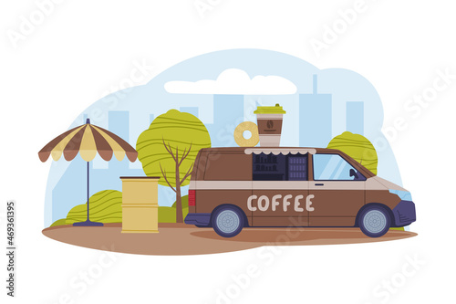 Brown Food Truck in Green Park Area Cooking and Selling Street Food Vector Illustration © topvectors