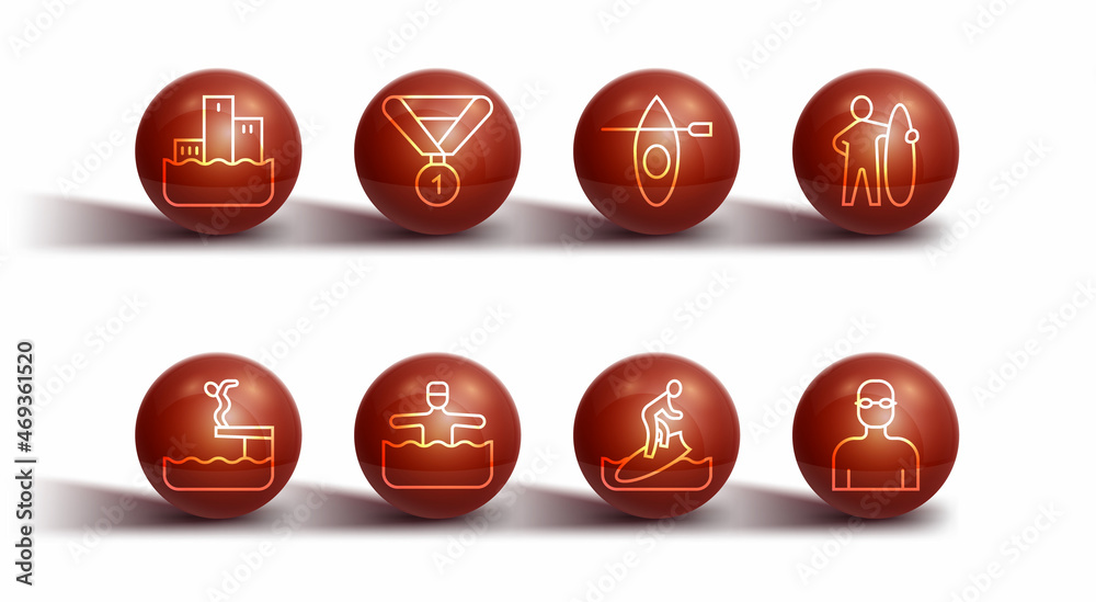 Set line Winner podium, Swimmer diving into pool, Surfboard, Water gymnastics, Medal, and Kayak and paddle icon. Vector