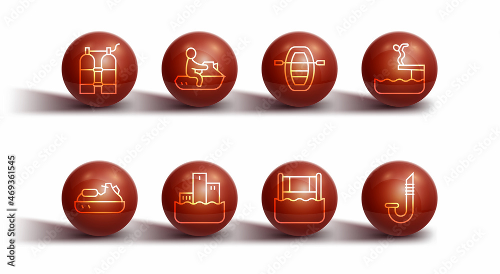 Set line Aqualung, Jet ski, Swimmer diving into pool, Water volleyball net, Winner podium, Snorkel and Boat with oars icon. Vector Set line Aqualung, Jet ski, Swimmer diving into pool, Water volleyball net, Winner podium, Snorkel and Boat with oars icon. Vector