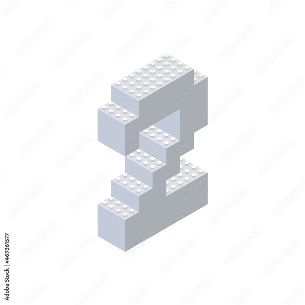 Isometric letter 2 in gray on a white background collected from plastic blocks. Vector illustration. Isometric letter 2 in gray on a white background collected from plastic blocks. Vector illustration.
